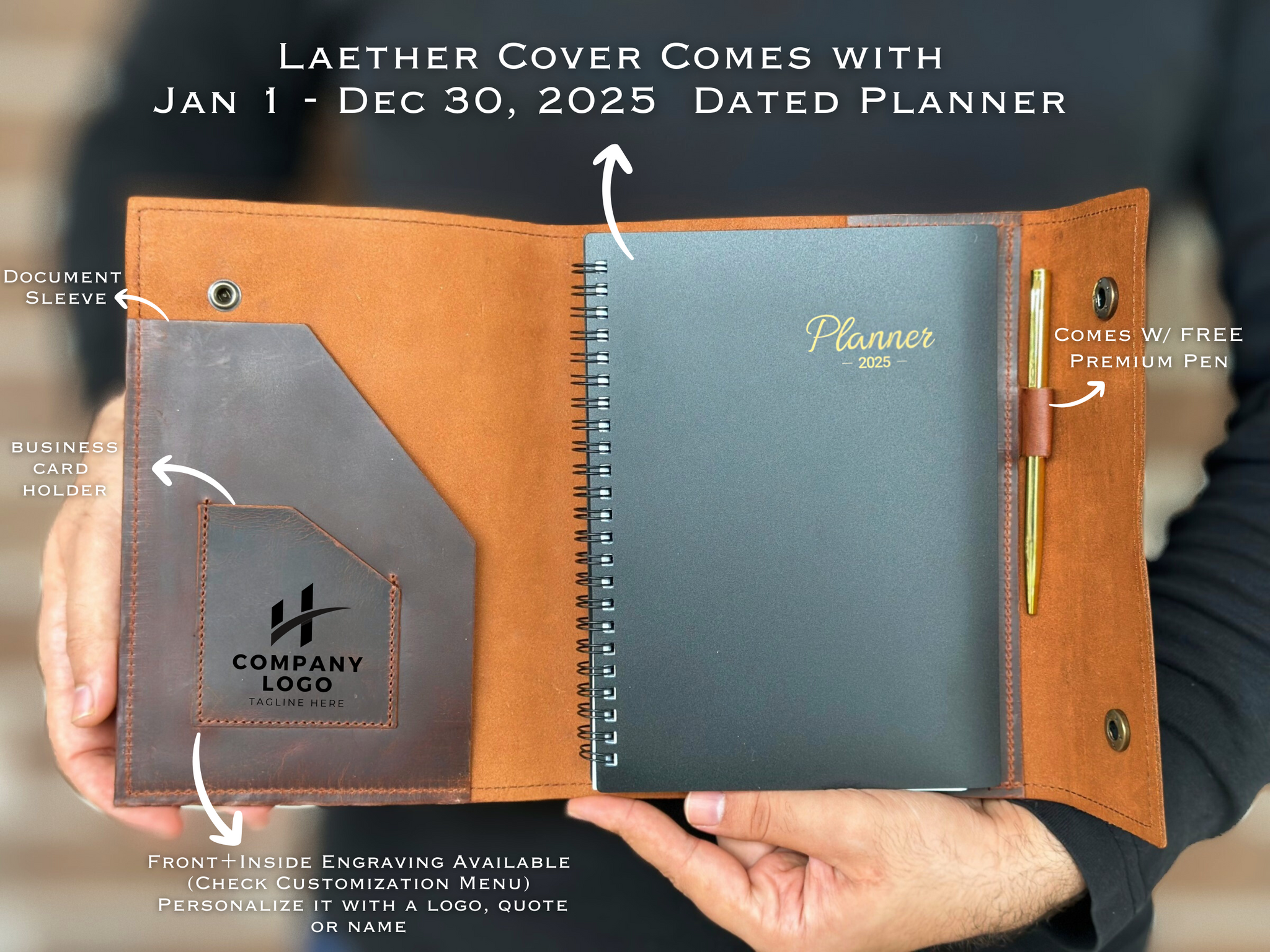 2025 Refillable Personalized Planner, Leather Planner Cover + Free Planner + Rosewood pen