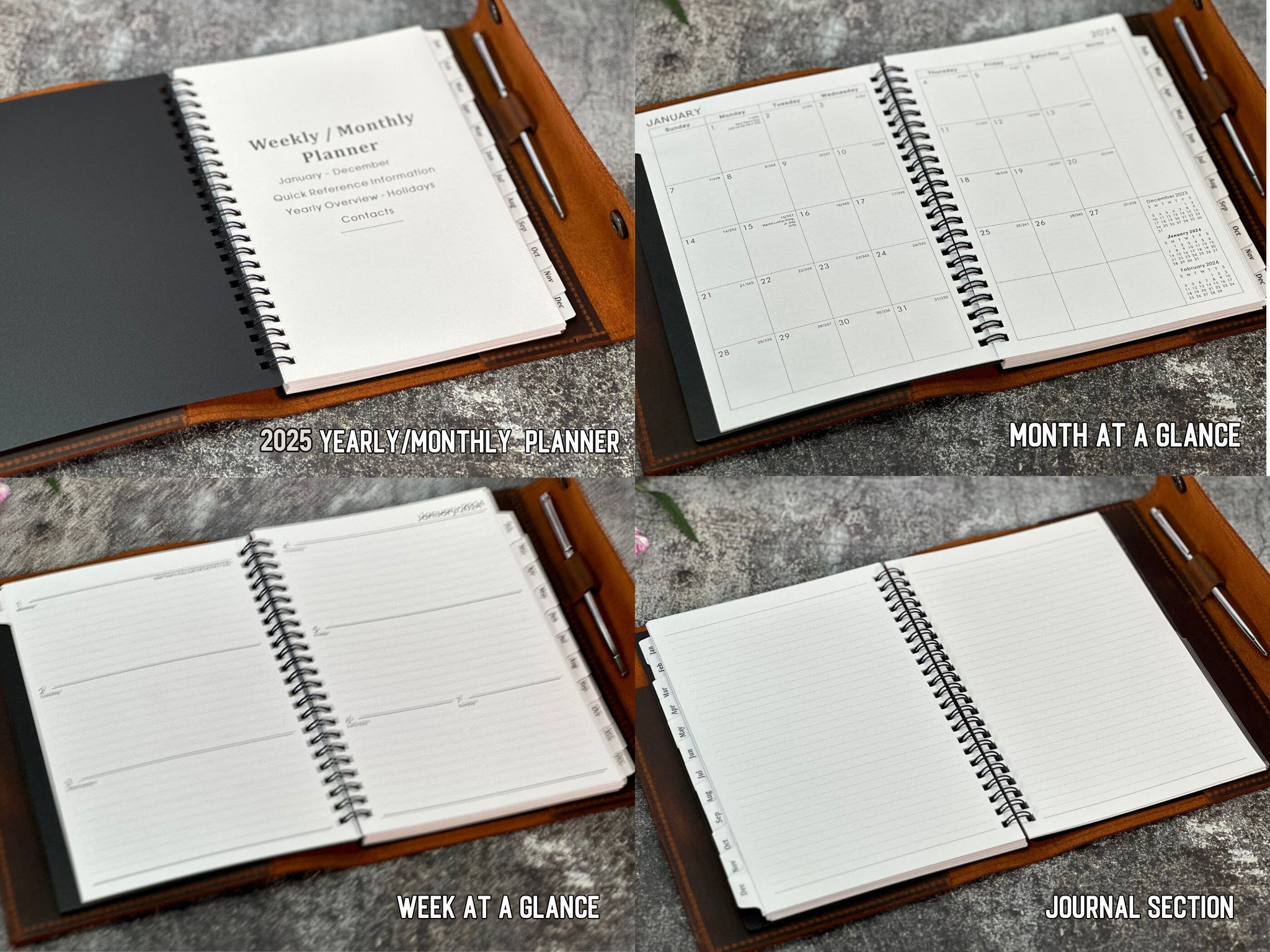 Personalized 2024 Leather Refillable Planner Cover with Free Planner