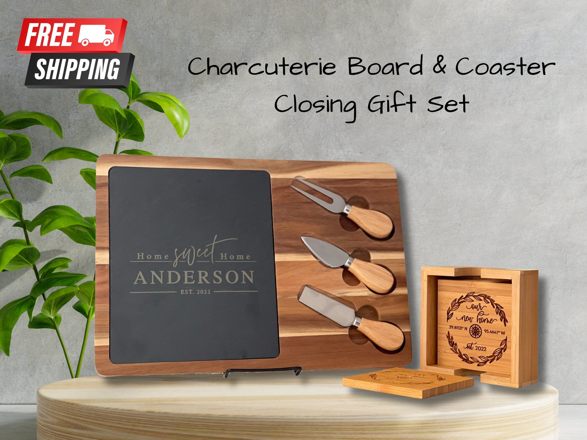 Charcuterie Board + Coasters, Personalized Closing Gift, Client Gift, Gift Set, Coaster Set, Housewarming gift - #EngraveToRemember# - #product+tag# - 