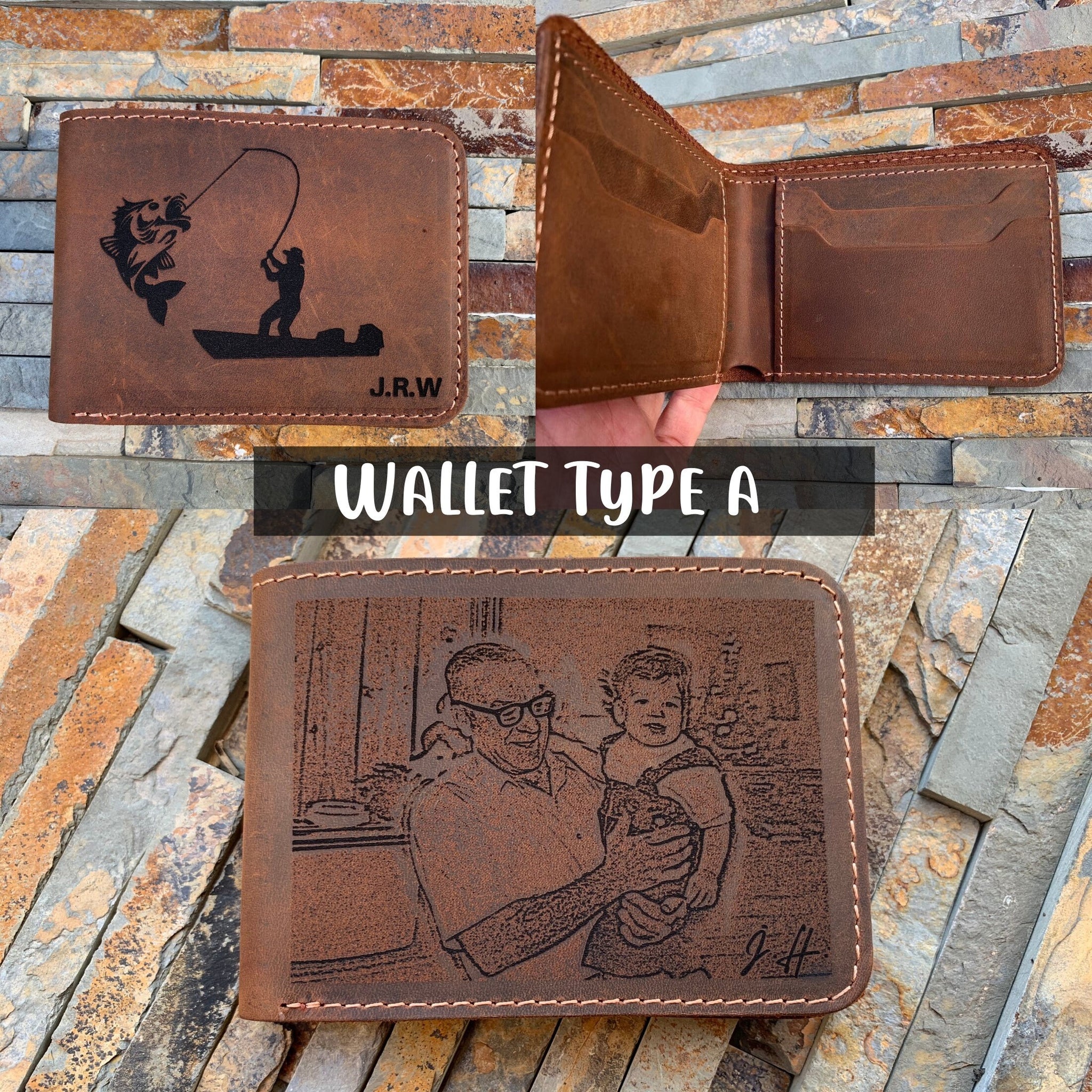 Leather Wallet, Personalized wallet, Picture Engraved Wallet, Handmade Distressed Leather Wallet, Cowhide Leather, Anniversary Gift
