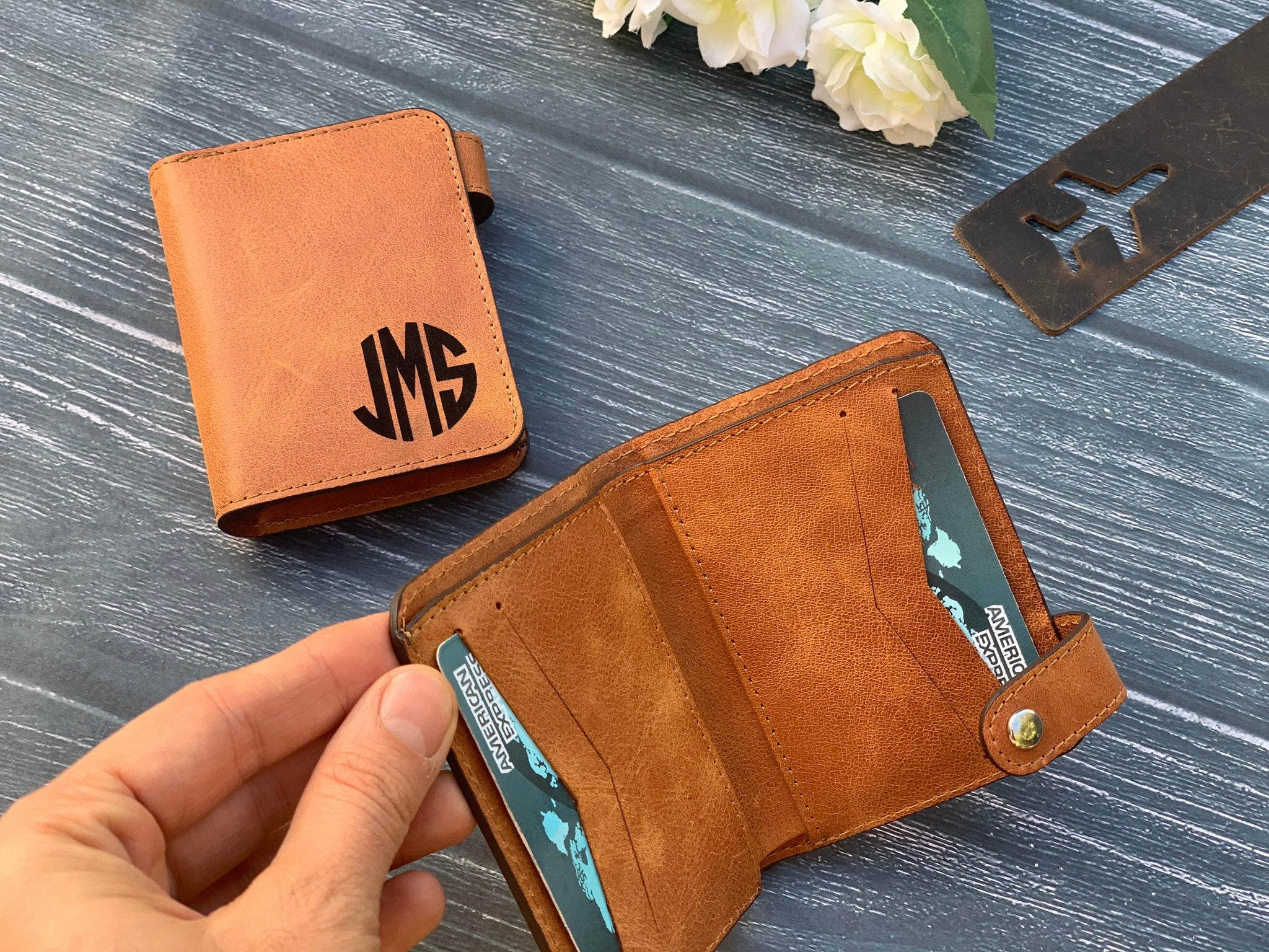 Monogrammed Leather Cash Wallet, Mens Billfold, Classic Bifold Wallet Personalized Gift Monogram initials Distressed Leather | Bur