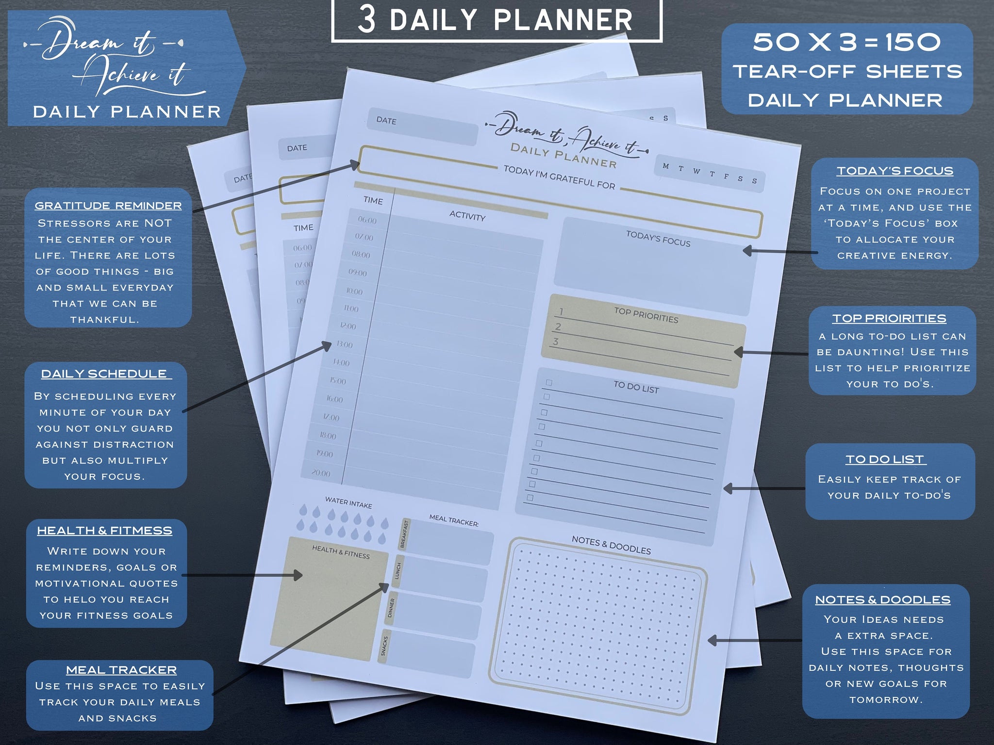 Business Gift Set, Dream lt Achieve It Daily Planner + Padfolio + Pen,
