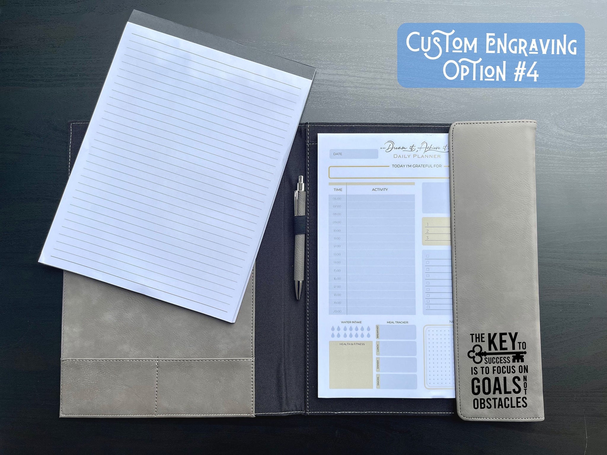 Grey Portfolio with Daily Planner + Lined Notepad + Matching Pen