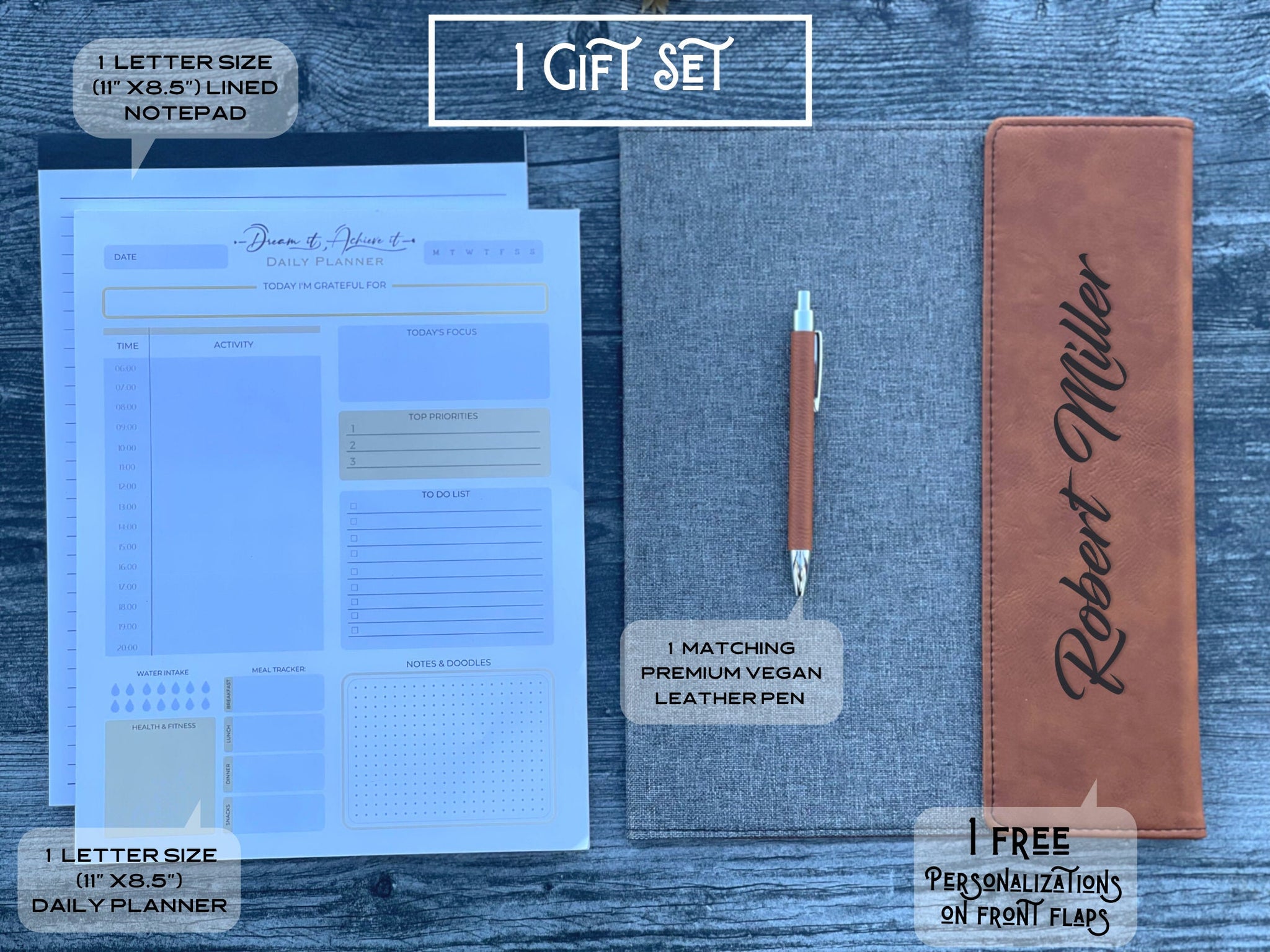 Business Gift Set, Dream lt Achieve It Daily Planner + Padfolio + Pen,