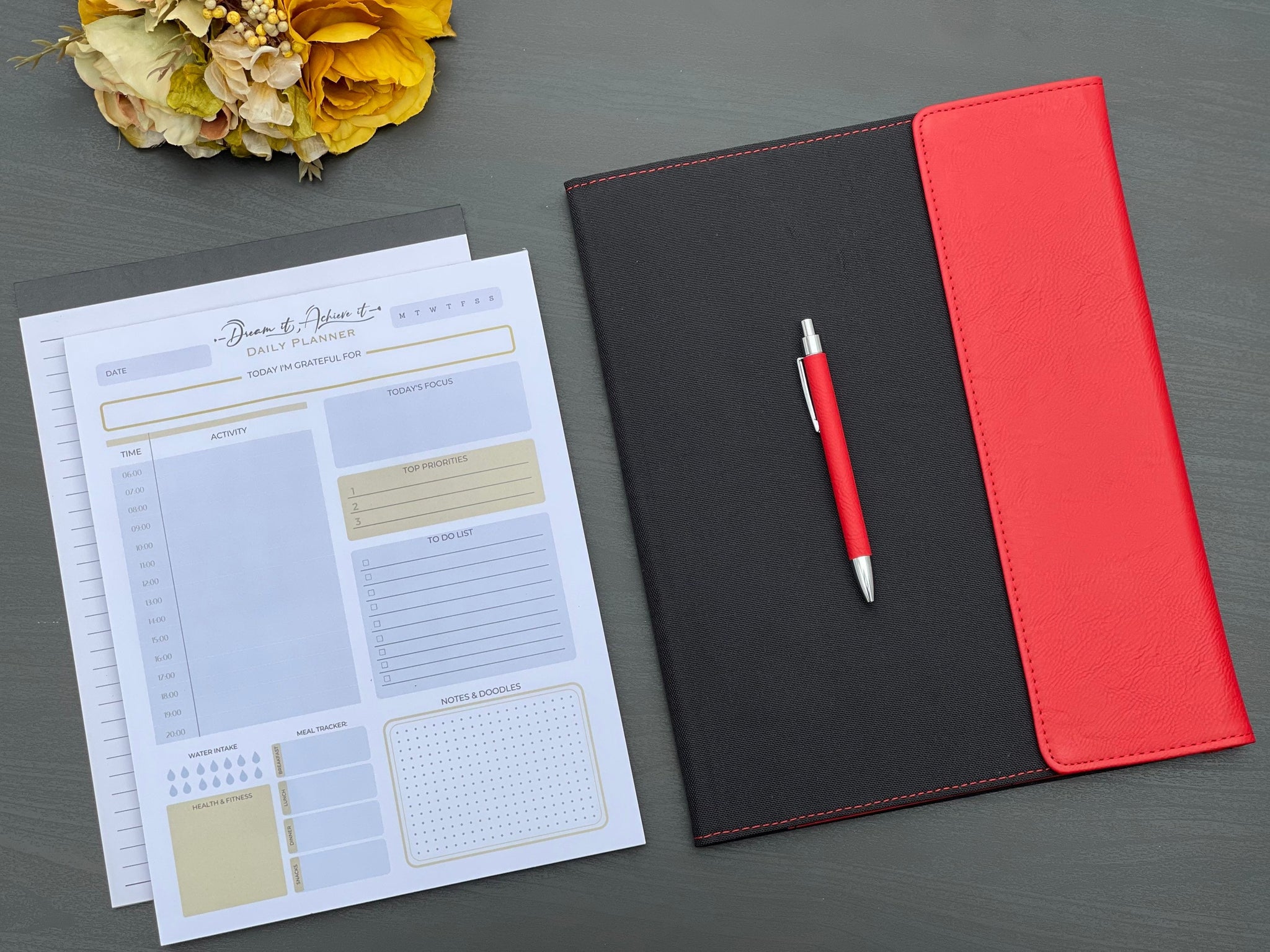 Daily Productivity Booster Gift Set, Personalized Refillable Portfolio + Pen + Daily Planner, New Year Business Gift, Custom Padfolio