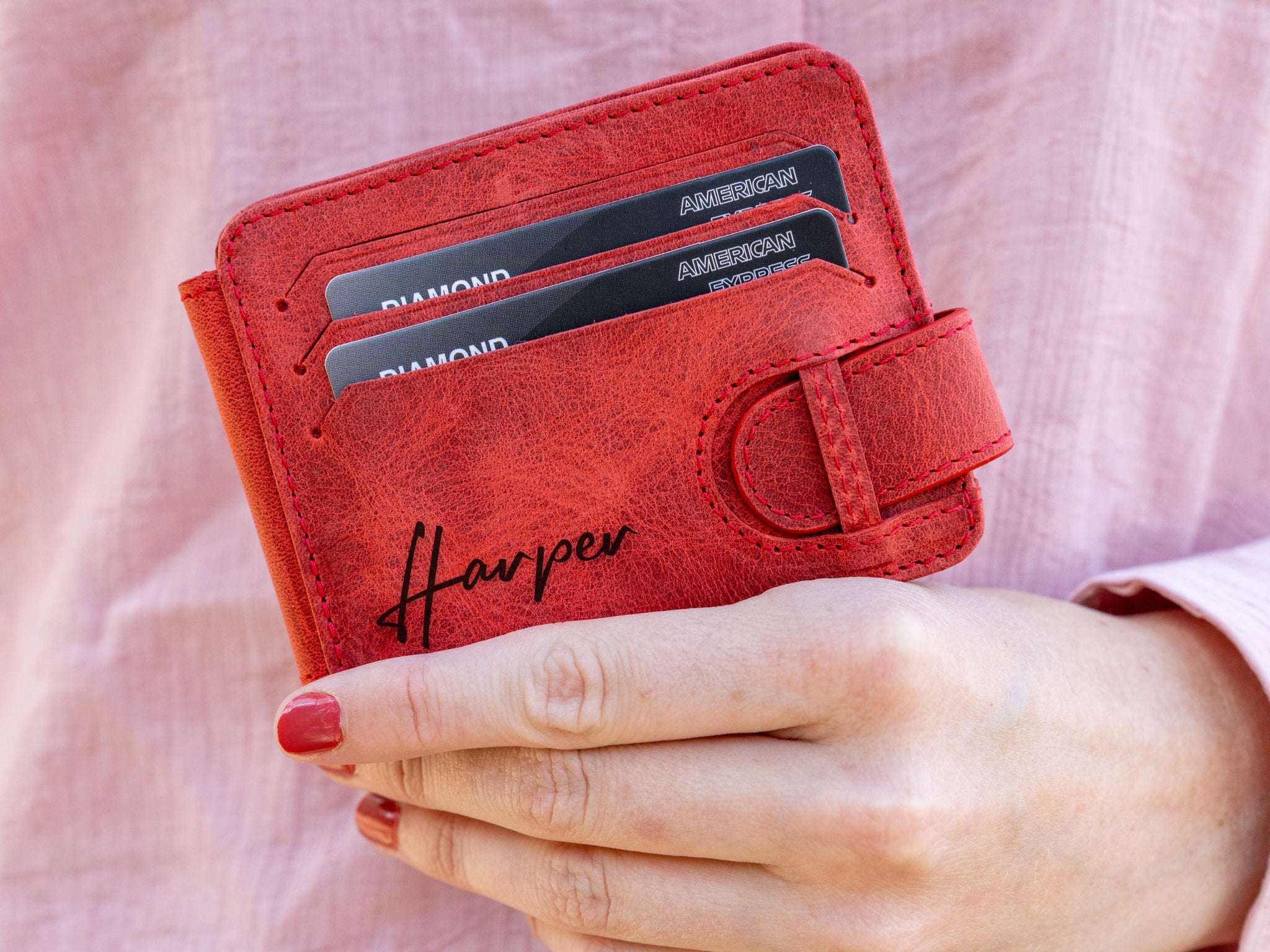 Red Leather Slim Card Holder Woman Leather Card Case Men 