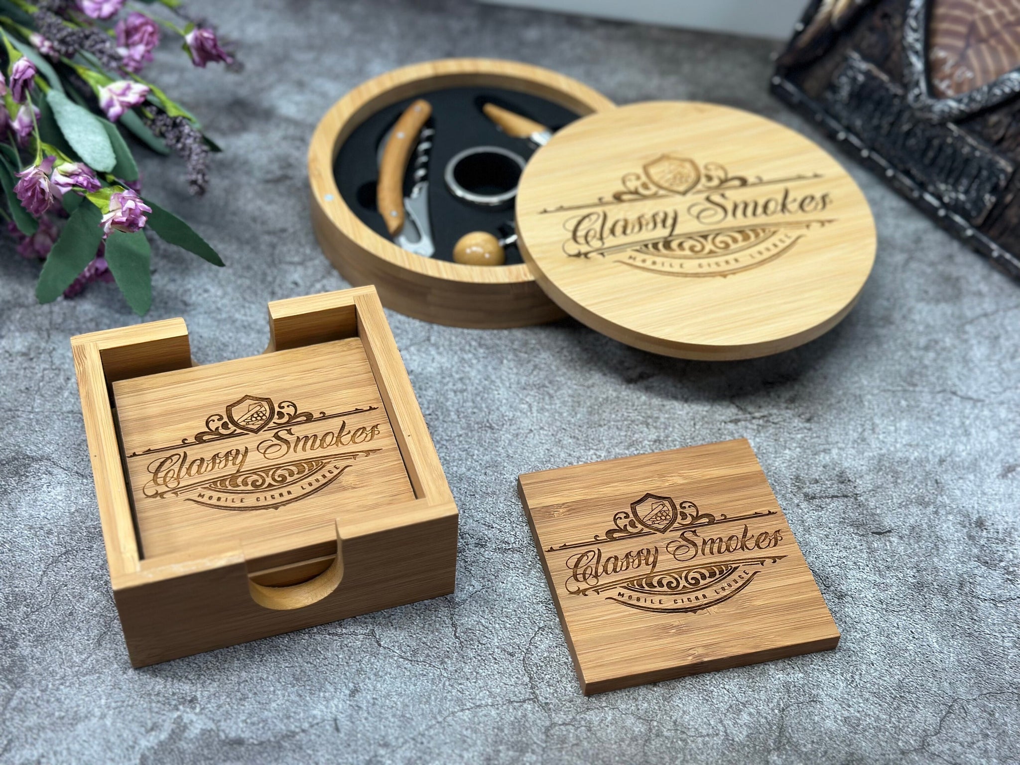 Personalized Closing Gift, Client Gift, Wine Gift Set, Coaster Set, Housewarming gift, Real Estate Gift, Wine tool box, Company Gift