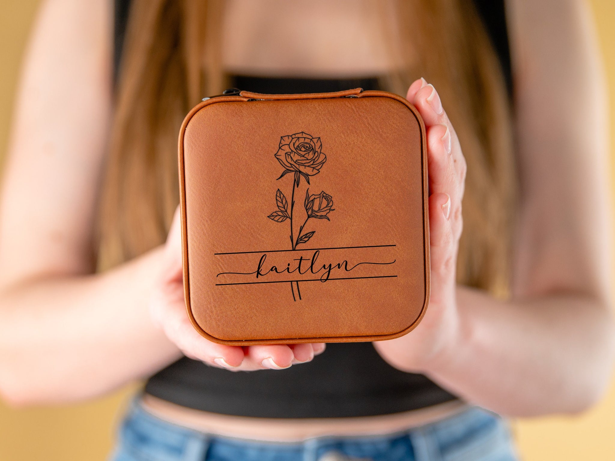 Personalized Birth Flower Gift for Her, Compact Mirror, Travel Jewelry Case, Vegan Leather Wallet, Anniversary Gift Set for Her