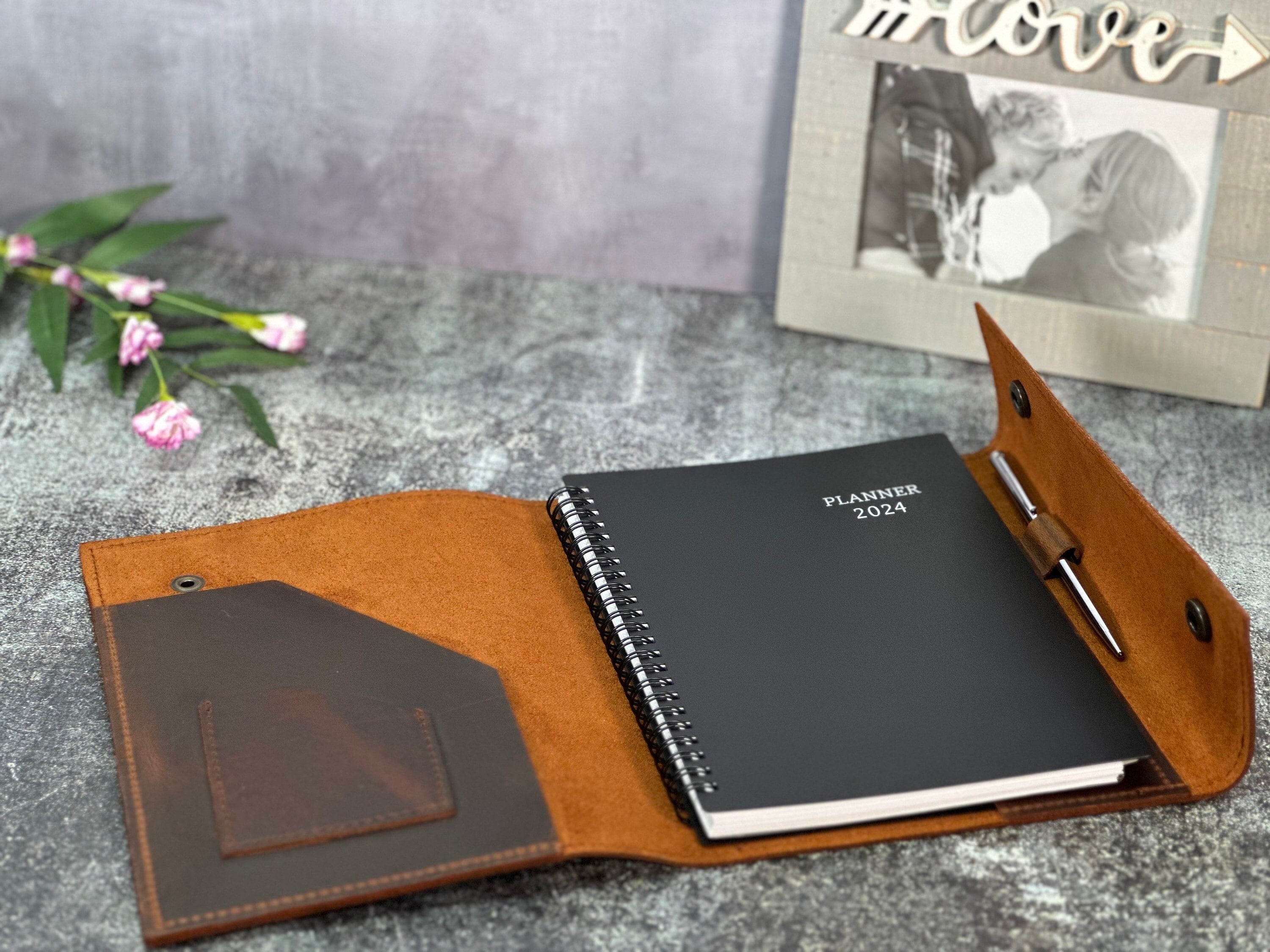Personalized 2024 Leather Planner Cover with Free Planner