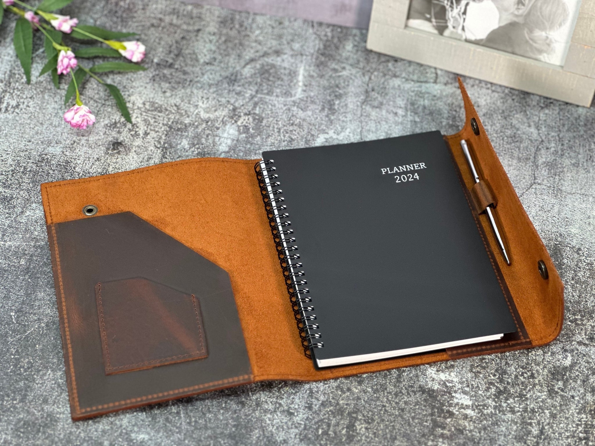 Gift for Her, 2024 Planner, Leather Planner Cover + Free Planner + Rosewood pen, Refillable Personalized Planner, Christmas Gift,